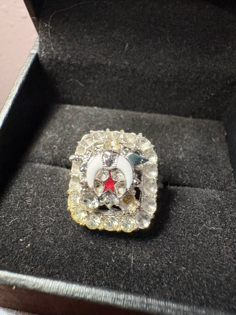 Silver-Tone Crescent & Star Masonic Ring with Clear Crystals - White & Red